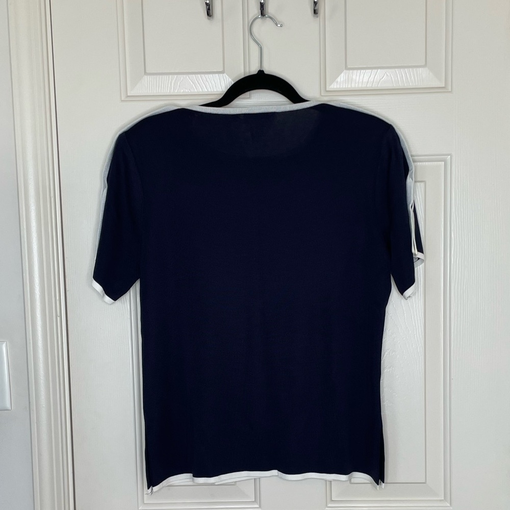 Misook Navy Blue White Trim Short Sleeve Knit Blouse Top | M - Picture 5 of 10